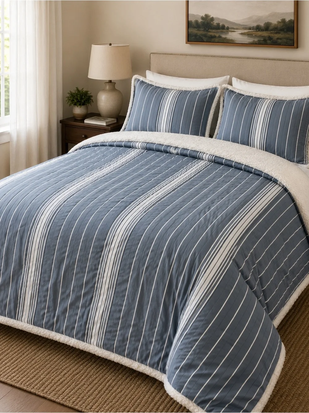 UGG Queen Comforter Set Cornflower Blue Stripe Sherpa Lined Cozy Bedding